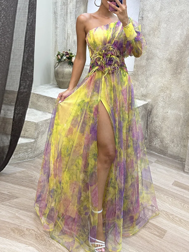 

Women High Waist Hollow Out Slit Dresses Party Lady Chic Patchwork Print Maxi Dress Summer Off Shoulder Long Dress New Vestido