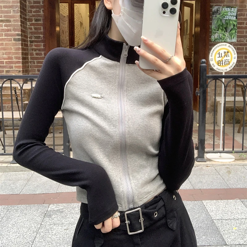 

Popular Patchwork Stand-Up Collar Cardigan Coats Women Spring Autumn Fashion Cropped Zip Up Jacket Chic Sporty Knitted Cardigans