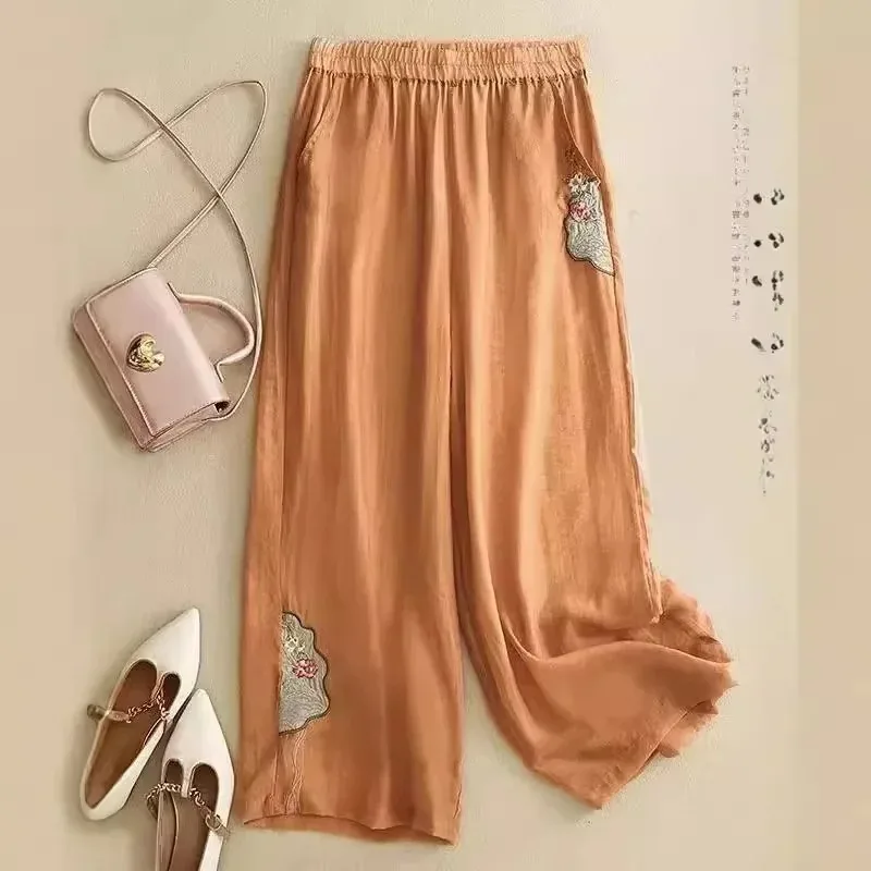 

Summer Casual Cotton Linen Loose Wide Leg Pants Women's Ethnic Retro Embroidery Slimming Trousers Nine Points