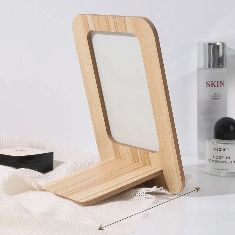 مرآة تزيين بإطار خشبي، مرآة مكياج قابلة للطي، مرآة مكتب محمولة هدية للنساء #3