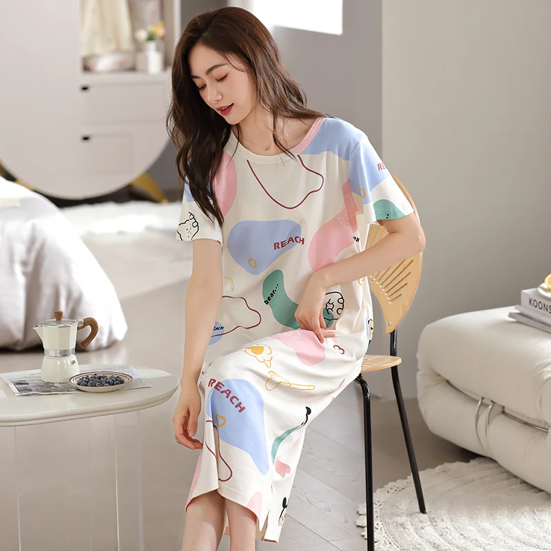 2024 Fashion Women Cotton Long Nightgowns Sleepshirts Summer Home Dress Sleepwear Comfortable Nightdress Indoor Clothing