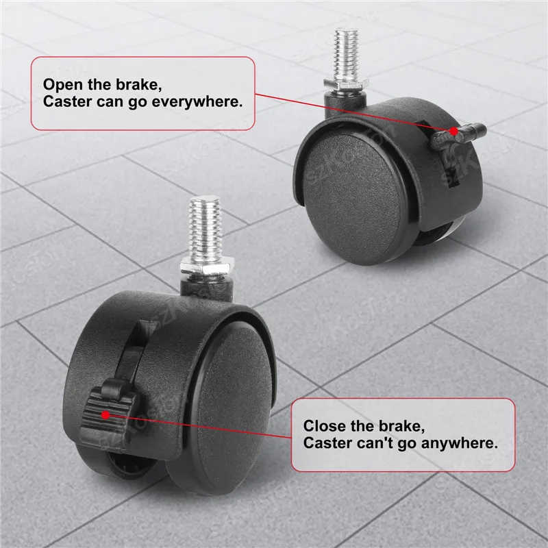 잠금 브레이크 가구 캐스터, 테이블 서랍 캐비닛 회전 바퀴, M8 스레드 스템, 1.5 인치, 360 도 캐스터, 4 개
