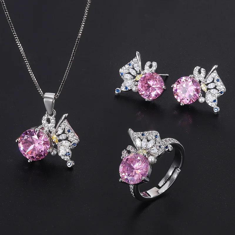 

Micro Pave Diamond Pink Zircon Ring New Fashion Women's Earrings Pendant Set Wholesale