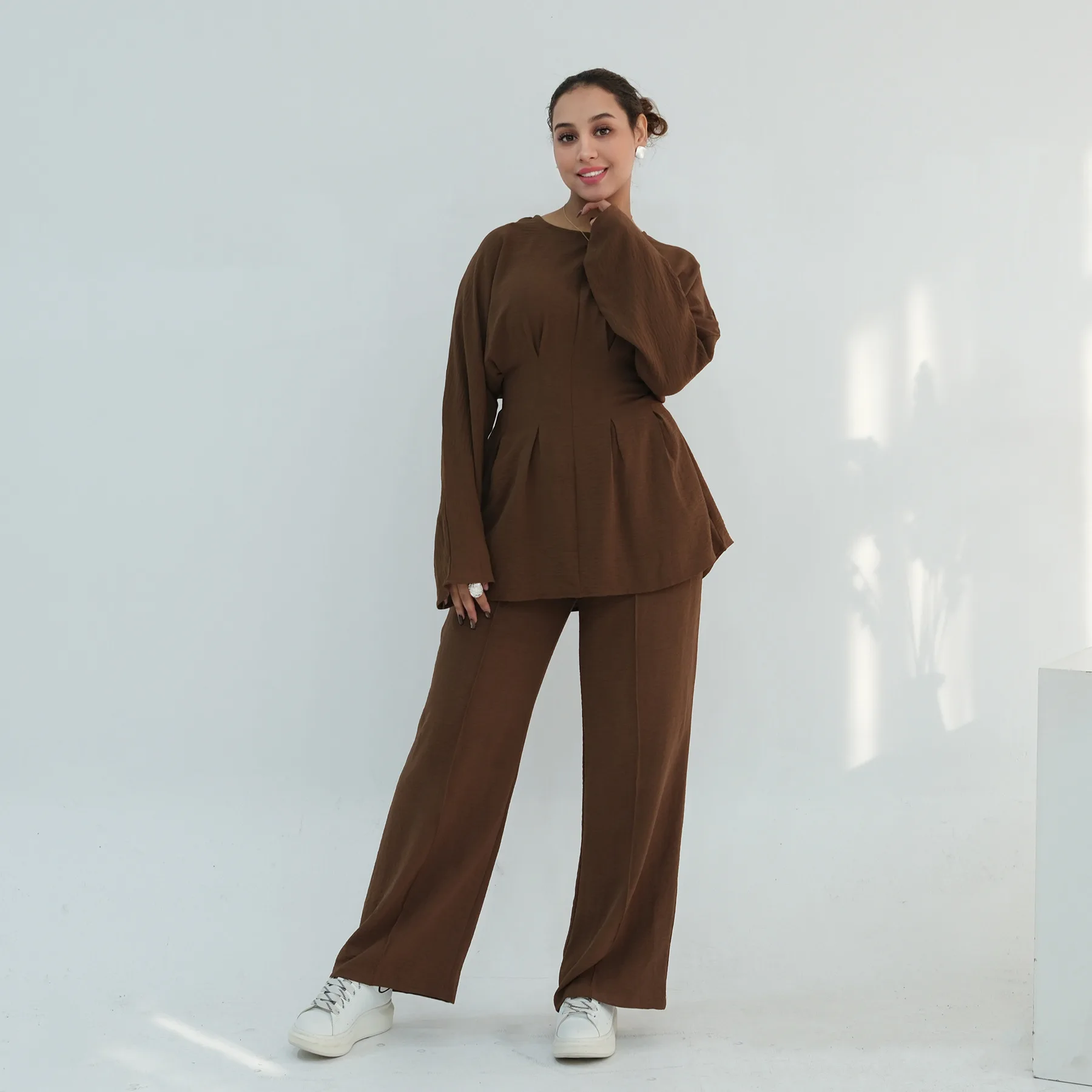 Muslim Women Matching Set Pleated Long Sleeve Solid Color Tops High Waist Loose Pant Suit Turkey Casual Tracksuit Kaftan Outfit