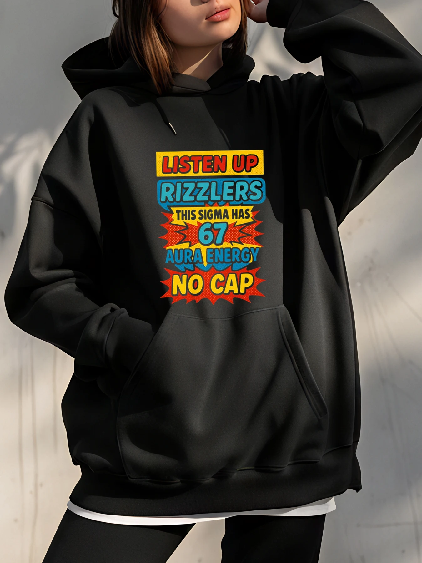 

Listen Up Rizzlers This Sigma Has 67 Aura Energy Толстовка без кепки с жирным графическим принтом и передним карманом для повседневного ношения