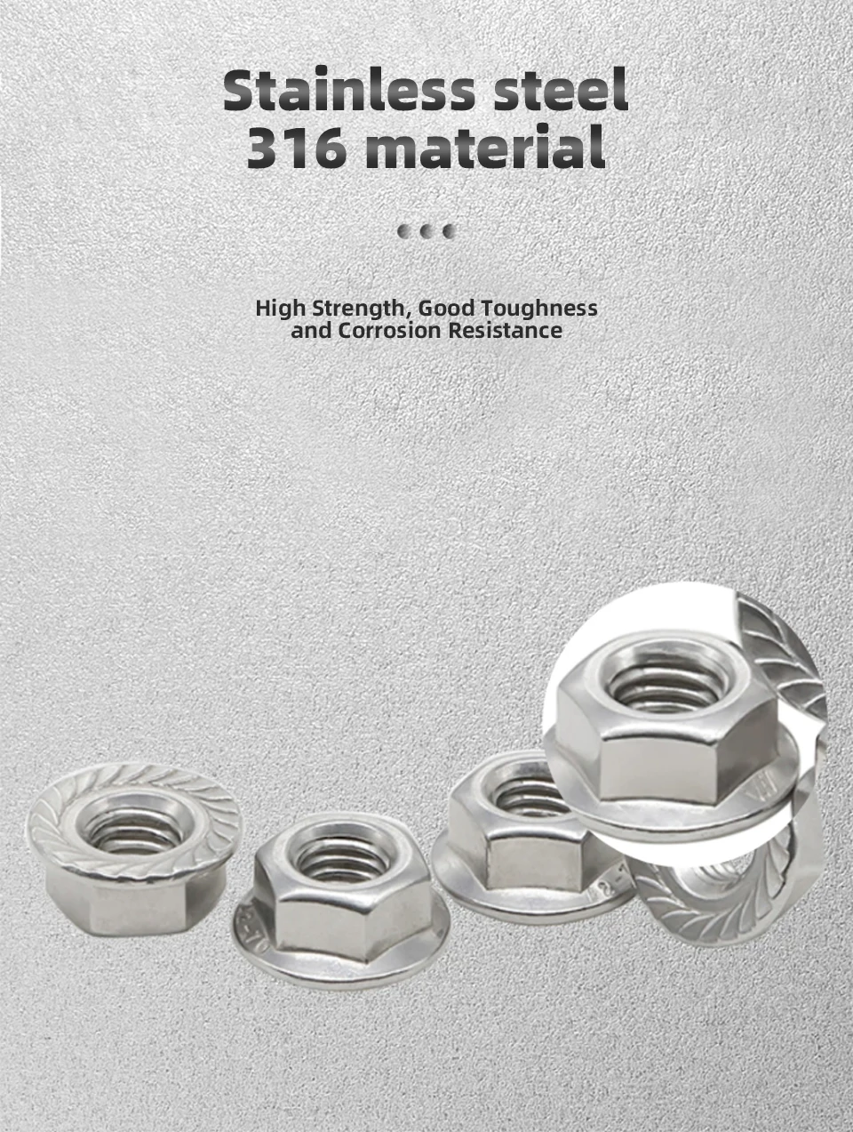DIN6923 Metrische Sechskant-Flanschmuttern A4-70 316 Edelstahl Gezahnte Sechskant-Flanschmuttern M3 M4 M5 M6 M8 M10 M12 M14 M16 M20 Befestigungselement – Detail 8