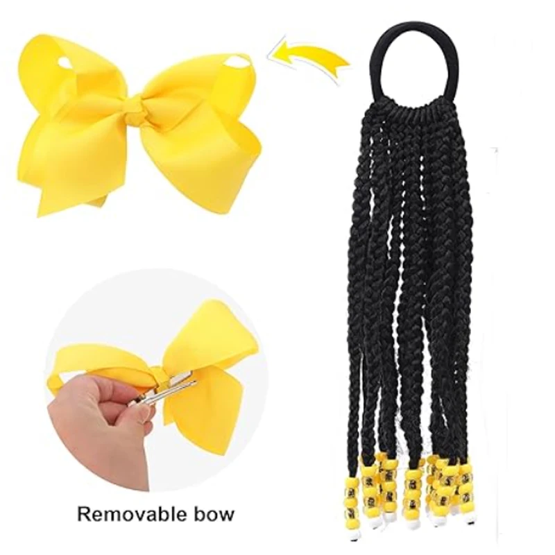 

Kids Braid Ponytail Extension - 2pcs Dreadlock Synthetic Hair with Bowknot & Beads - Elastic Band Clip-in Hair for Girls Wigs