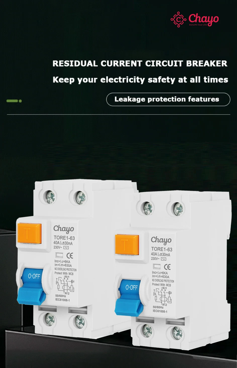 Chayo 2P AC Type RCD RCCB Residual Current Differential Safety Switch 230V DIN Rail Fireproof Leakage Circuit Breaker