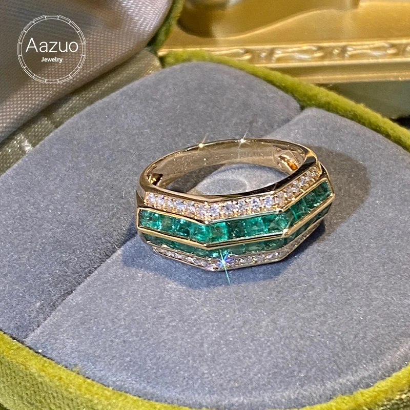 Aazuo 18K Yellow Gold Natrual Emerald Real Didmonds Luxury Ring Gift For Women Engagement Wedding Party High Quality Jewelry