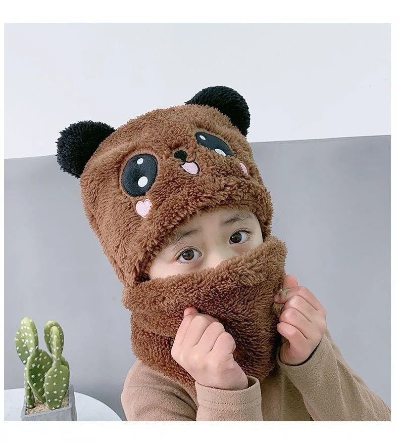 Fashionable Autumn and Winter Cute Childrens Cartoon Scarf Hat Two Piece Set Double Layer Wool Warm Boys and Girls Hat