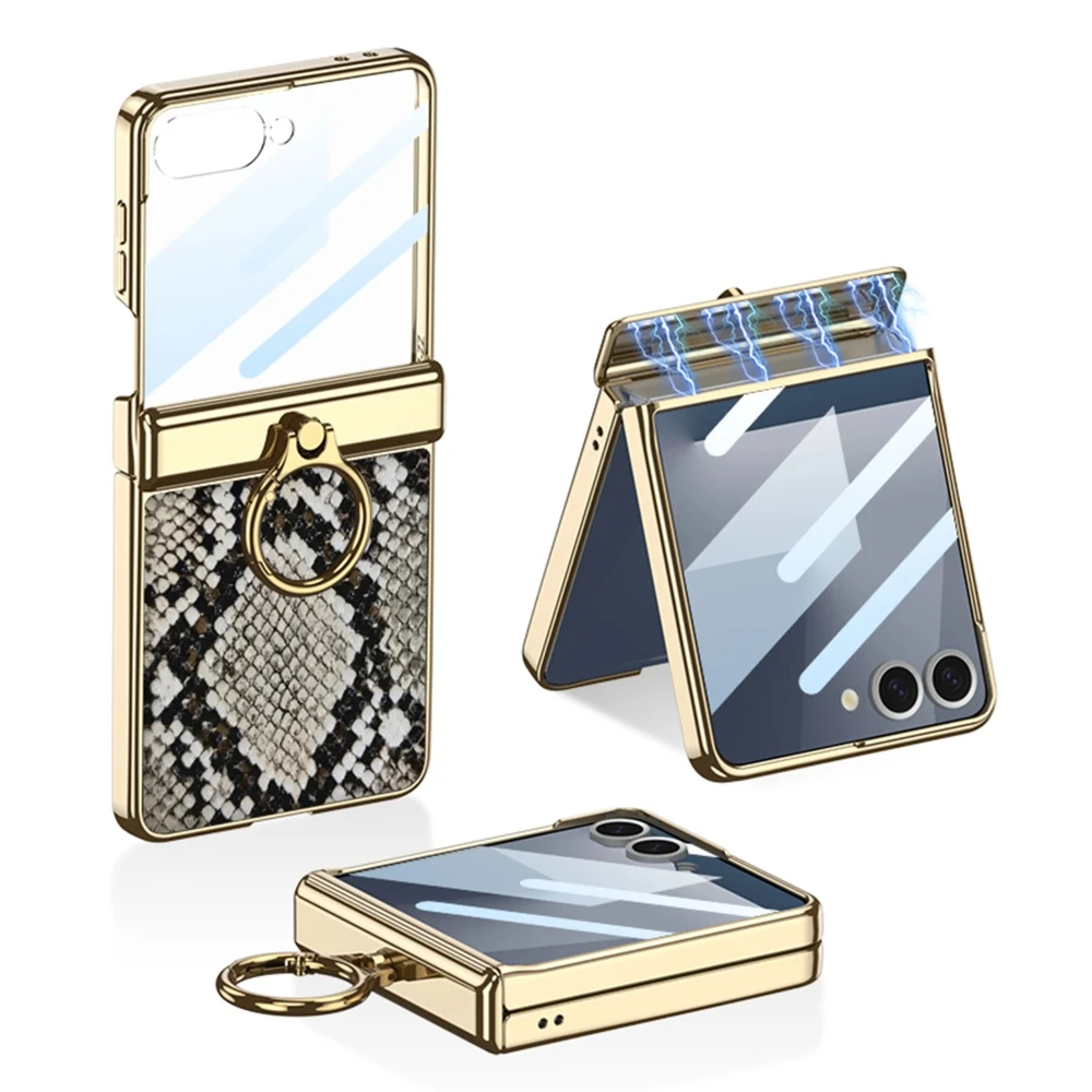 

Auto Leather Phone Case for Samsung Galaxy Z Flip 7 Flip6 5 Crocodile Pattern Ring Stand Hinge Screen Protect Film&Folding Cover