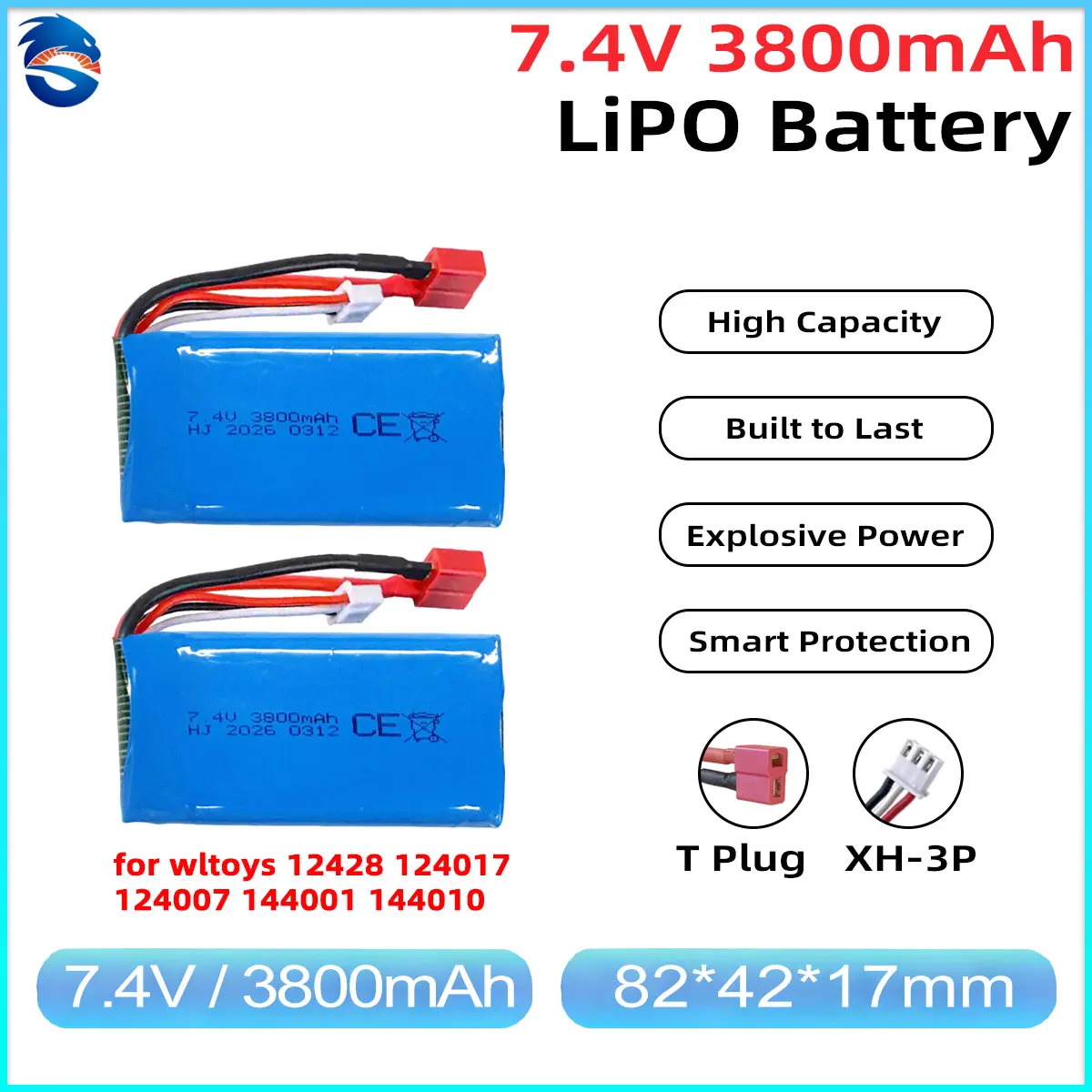 Skymaker 2S LiPo Battery 7.4V 3800mAh T Plug High-Capacity Upgrade for WLtoys 12428 144001 144010 124017 124016 124018 RC Cars