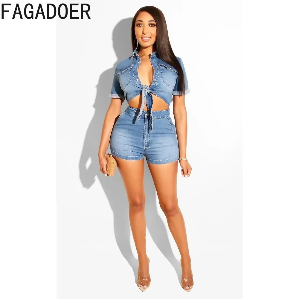 FAGADOER Blue Fashion Bandage Denim Two Piece Sets Women Turndown Collar Crop Top And Shorts Outfits Casual Cowboy 2pcs Clothing