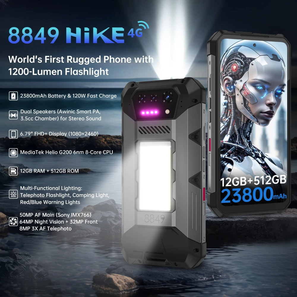 8849 Hike Unihertz robuuste smartphone 23800 mAh 24 GB + 512 GB uitbreidbaar 2 TB 1200 lumen zaklamp Android14 twee luidsprekers 6,79 '' 120 Hz