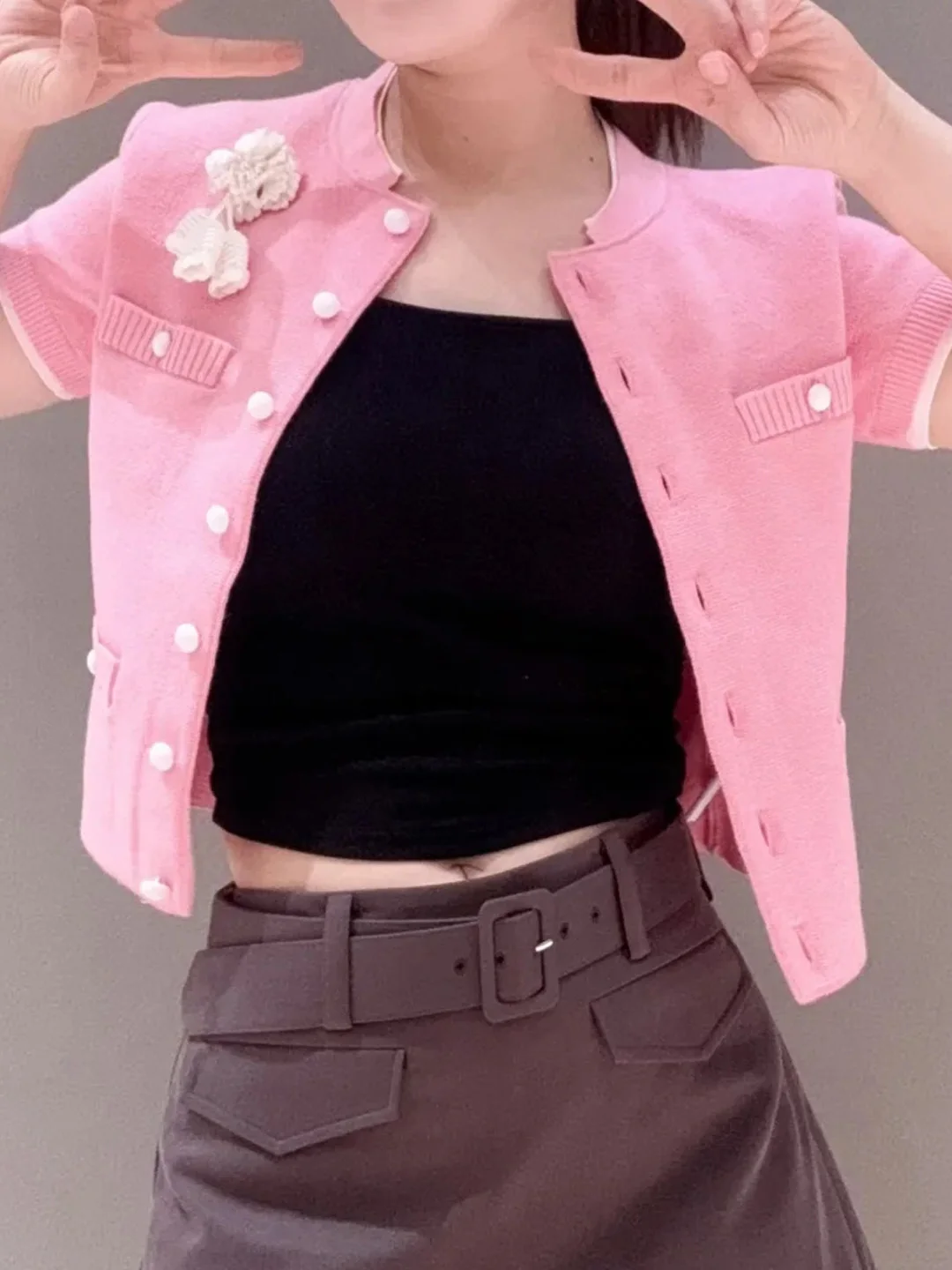 

Slim Fit Floral ort Sve Knitted Open Cardigan Versatile Top for Women French Sle Soft Double Knit Casual Everyday Wear