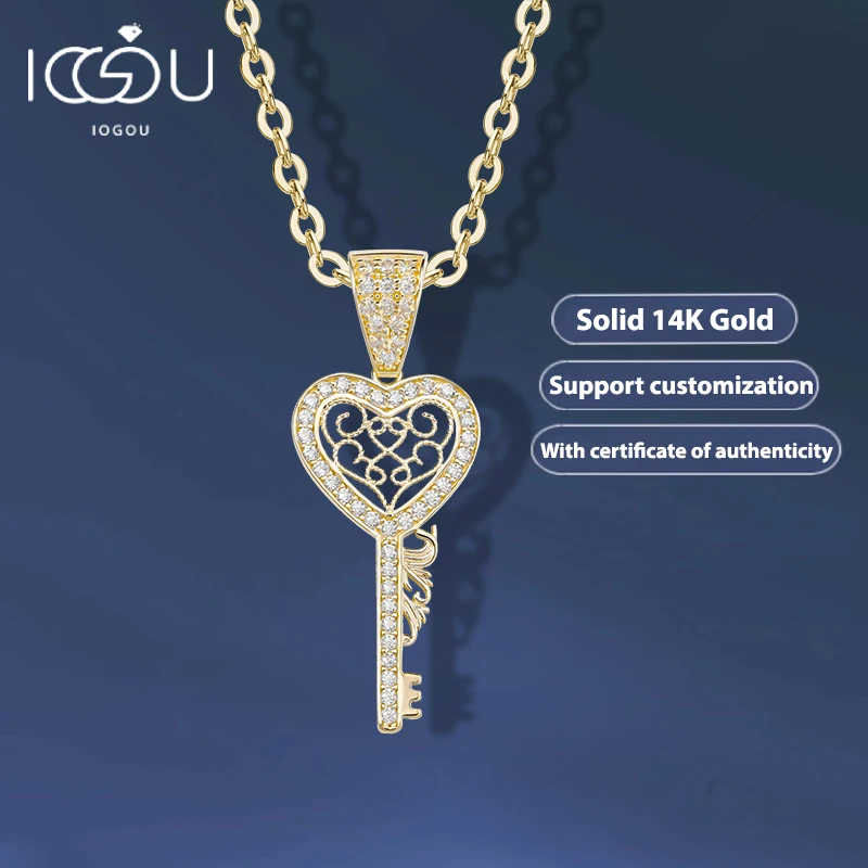 IOGOU Luxury 14K Solid Gold Key Pendant Zircon Necklace with Real 925 Sterling Silver Chain Wedding Fine Jewelry for Women Charm