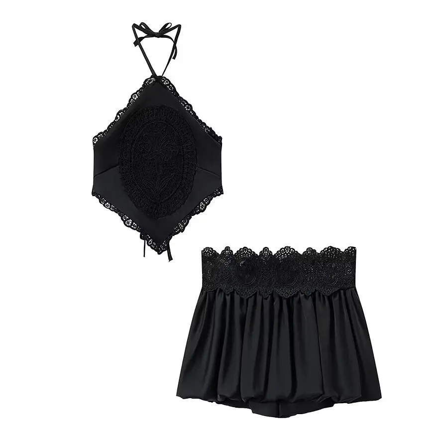 Women's Fashion Comfortable Casual Holiday Lace Backless Hanging Neck Set Two-Piece Suit Student Work Uniform