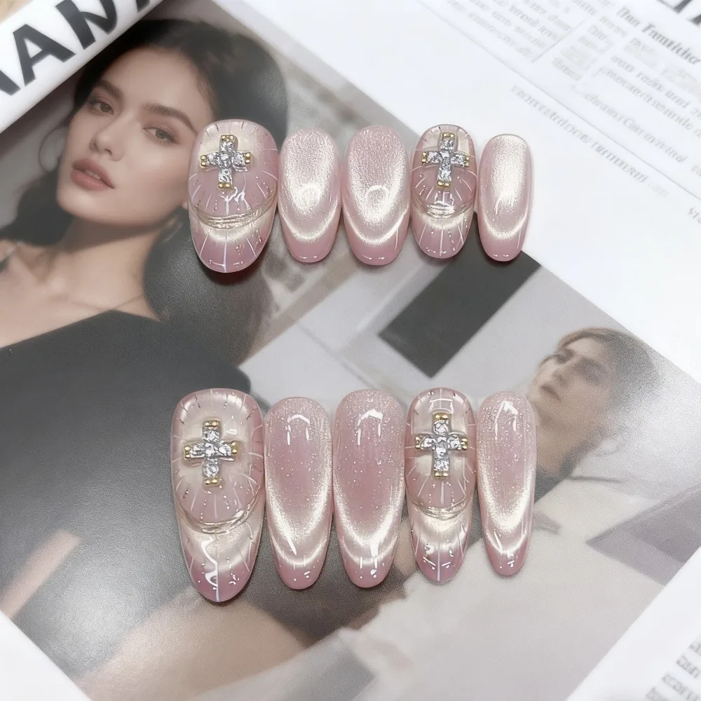 10 Pieces Pink Velvet Nails Handmade Press On Nails Diamond Cross Chrome French Chase Cat Eye Art Fake Nails Removable Reusable