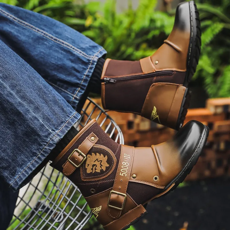 

Retro Men's Boots Fashion Metal Buckle Side Zipper Ankle Boots Outdoor Non-slip Wear-resistant Casual Boots Botas Para Hombre
