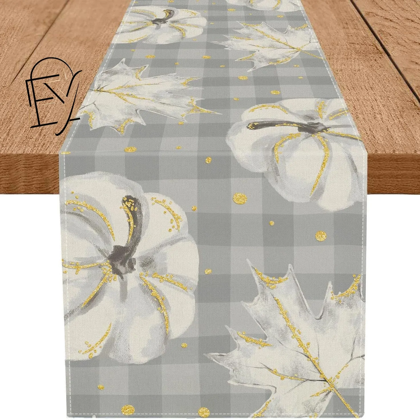 Linen Table Runner Watercolor Pumpkin Dahlia  Butterfly Print Off White Autumn Harvest Decor  Thanksgiving Dinner