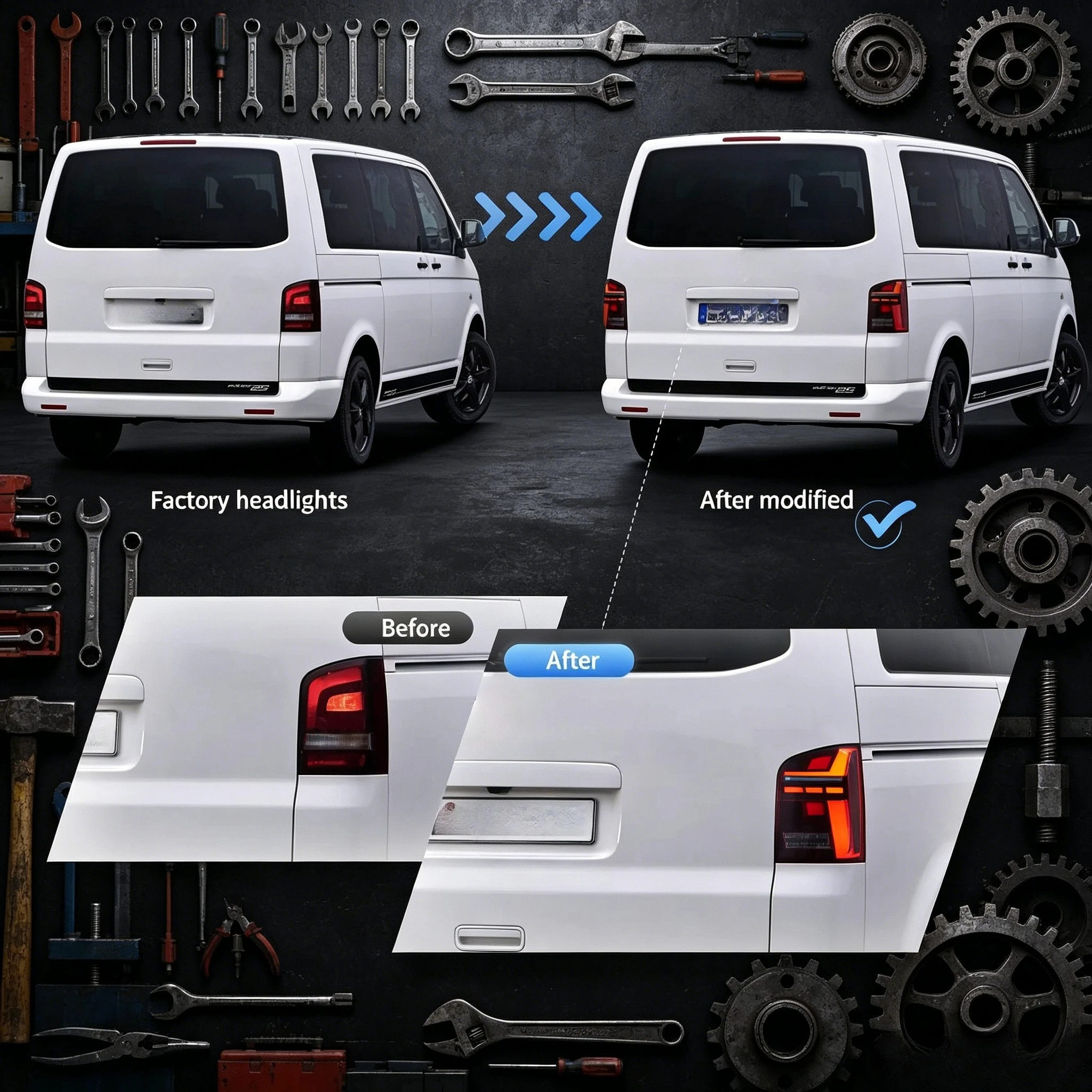Image of 2 Stück LED-Rückleuchten-Set für VW Caravelle T5 2010-2014, Rückleuchte mit dynamischem sequenziellem gelbem Blinker, Bremslicht, Rückfahrlicht, DRL, direkter Ersatz, Plug-and-Play, IP67 wasserdicht,