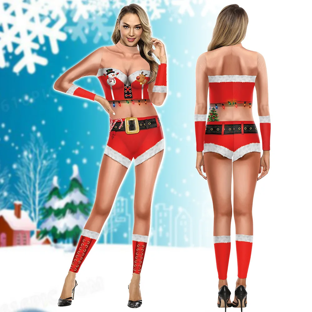 

Women Christmas 3D Printing Jumpsuits Funny Xmas Costume Long Sleeve Skinny Jumpsuit One Piece Outfit Catsuit for Adults