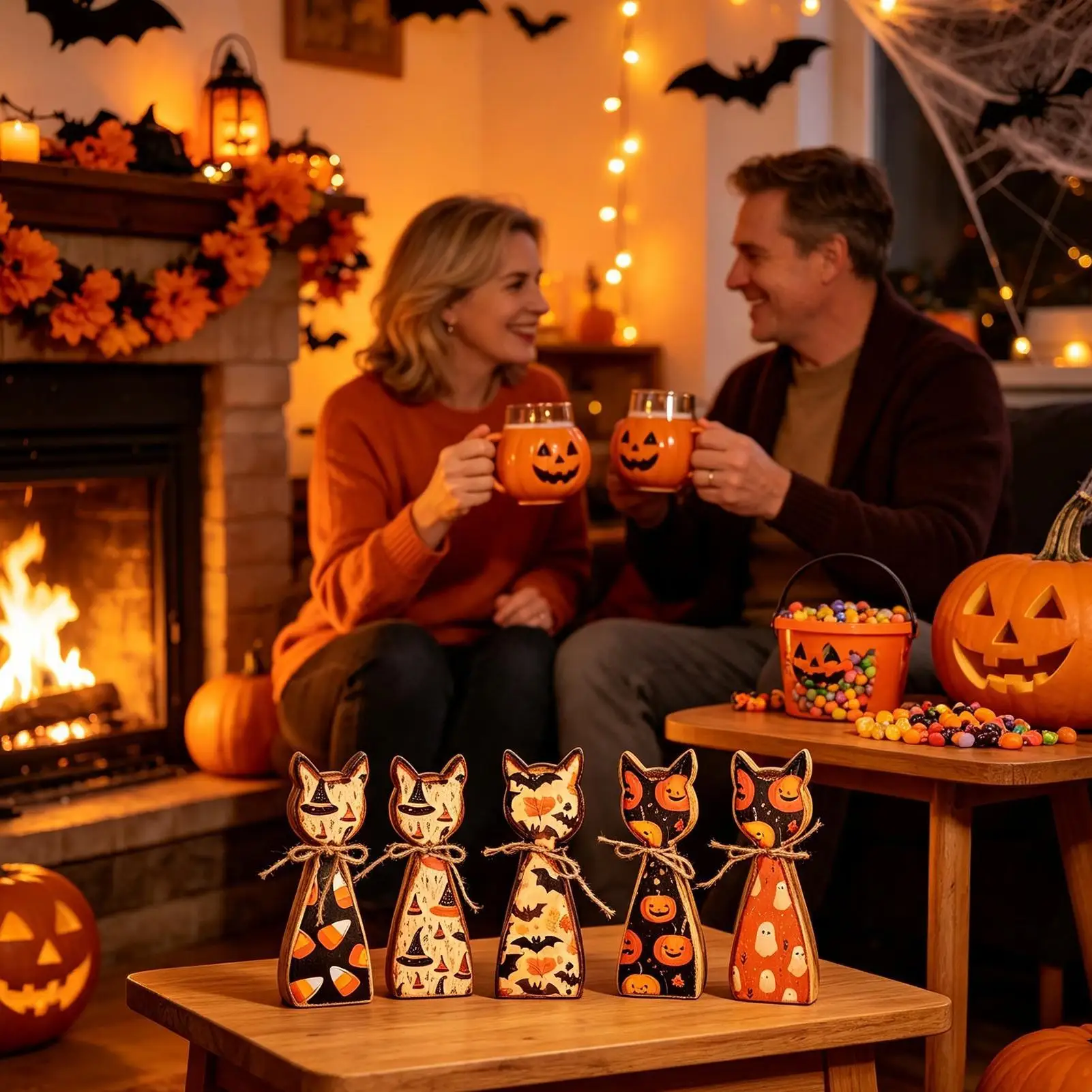 Halloween Wooden Cat Decor 5 Pieces Double-Sided Self Standing Vintage Rustic Farmhouse Wood Cat Figurine Set Decorations For