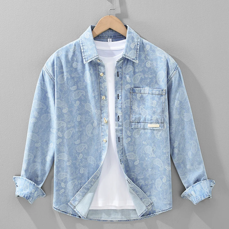 

Loose Fit Casual Sle Long Sve Japanese Denim Print Collar Men's irt Spring Autumn Faionable Top Coat Youth Cotton