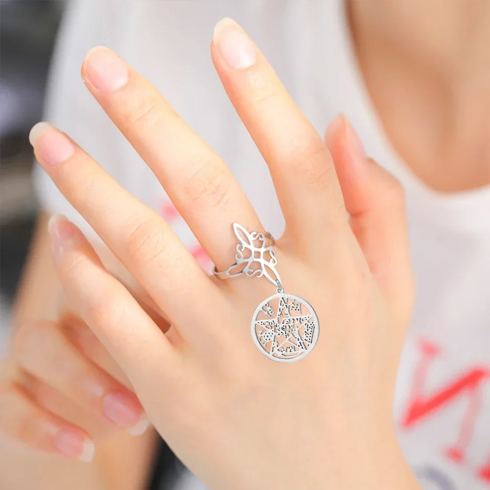 Star Witch Knot External Five pointed Star Opening Adjustable Stainless Steel Ring Talisman Gift for Women