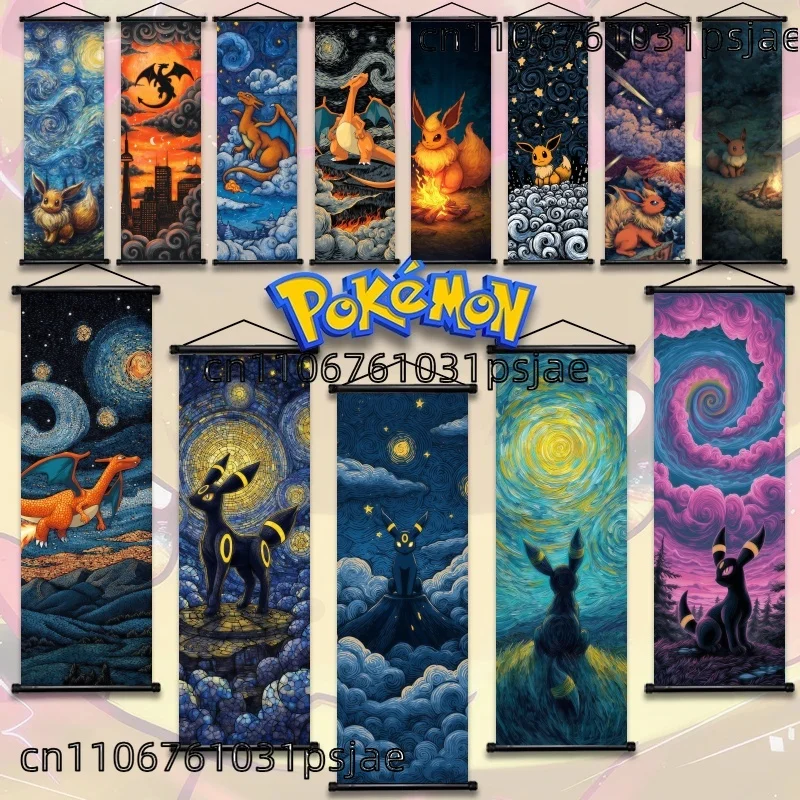 

Pokémon Charizard Umbreon Eevee Starry Night Scroll Wall Art - White Canvas/Art Cloth Decor Gift