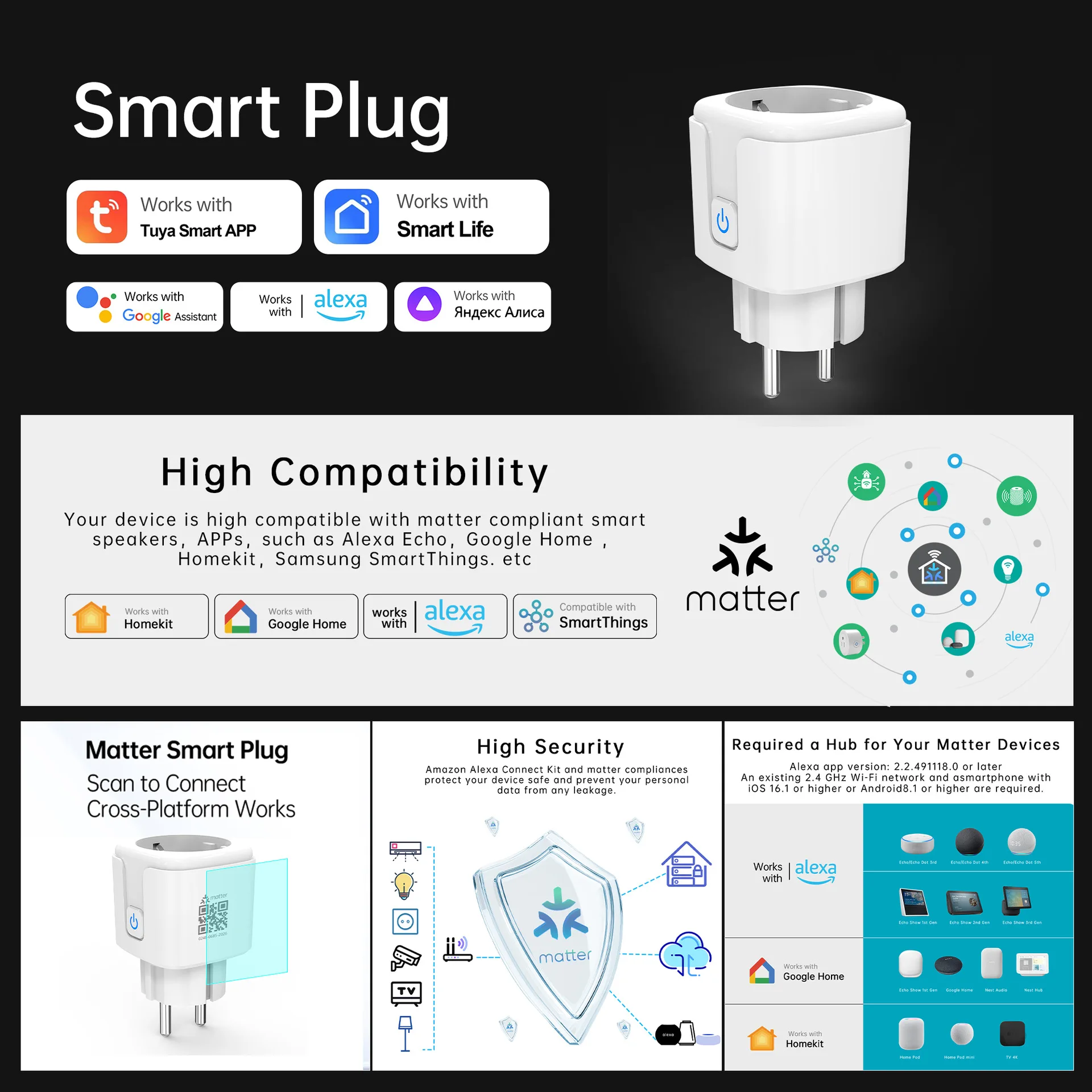 Tuya Matter WiFi Smart Socket 16A EU Plug Home Appliance Outlet Mini Smart Plug Adapter APP Control Works with Alexa Google Home