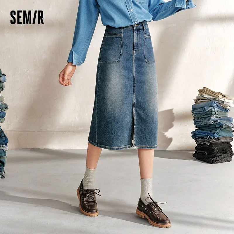 Semir Denim Skirt Women's Split 2024 New Autumn Retro Straight Skirt