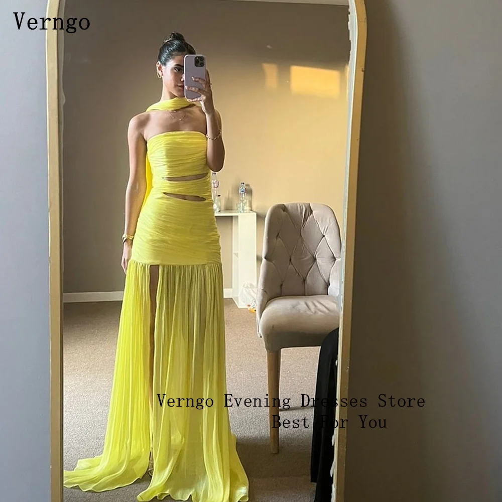 Verngo Light Yellow Chiffon Evening Dress Strapless A Line Sexy Prom Gowns WomenCut Out Formal Prom Party Dresses