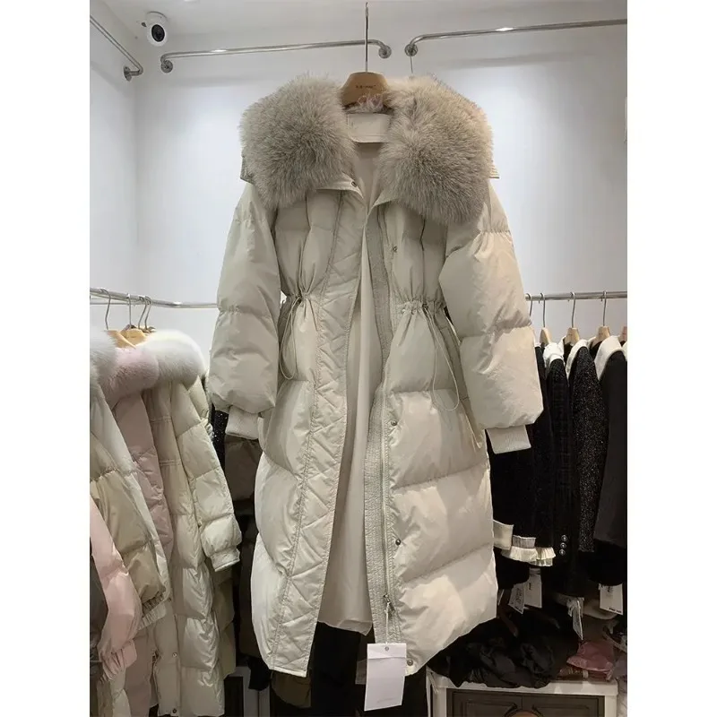 Damen-Jacke aus Fuchsfellimitat, warme Baumwolle, Winter 2022, verdicktes langes Design mit großem Pelzkragen, neuer Stil für kaltes Wetter