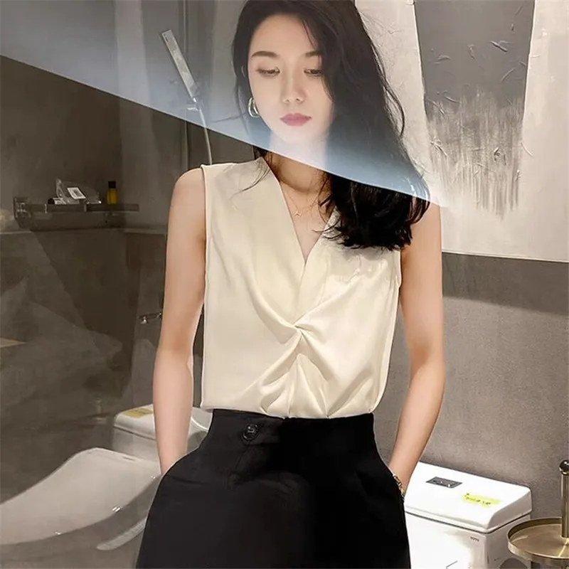 Women low cut artificial silk Pleated Vest top OL style Women wild White chiffon shirt Office lady elegant Acetate satin blouse
