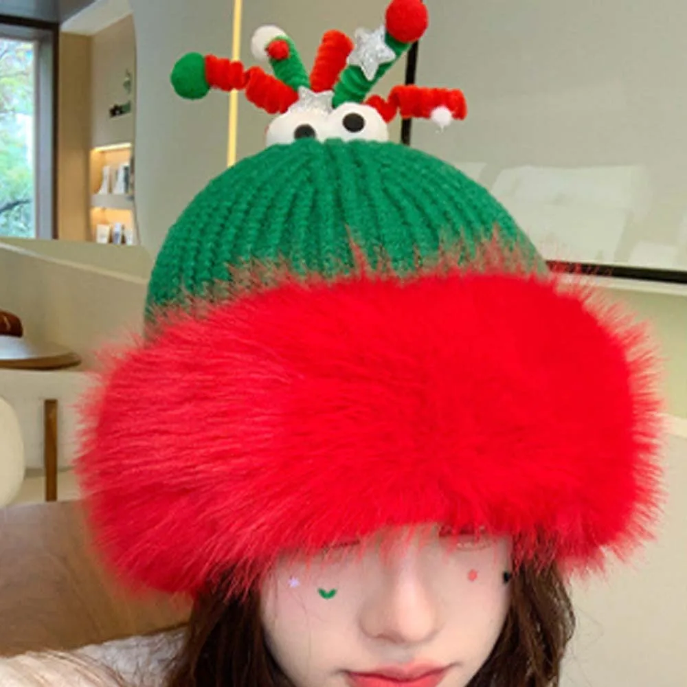 Personality Soft Christmas Plush Cap Windproof Antlers Big Pullover Hat Snowflake Green Thickened Brimless Cap Women