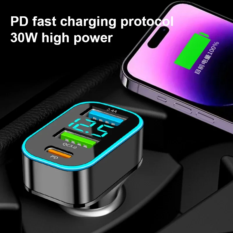 SEAMETAL 66W Car Charger Quick Charge Cigarette Lighter Adapter 3-Port USB A+C Fast Charging Phone Charger with Voltage Display