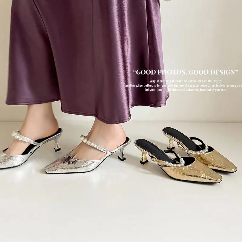 2026 new summer women sandals natural leather plus size 22-29cm cowhide+sheepskin pearl strap mules high heel women slippers
