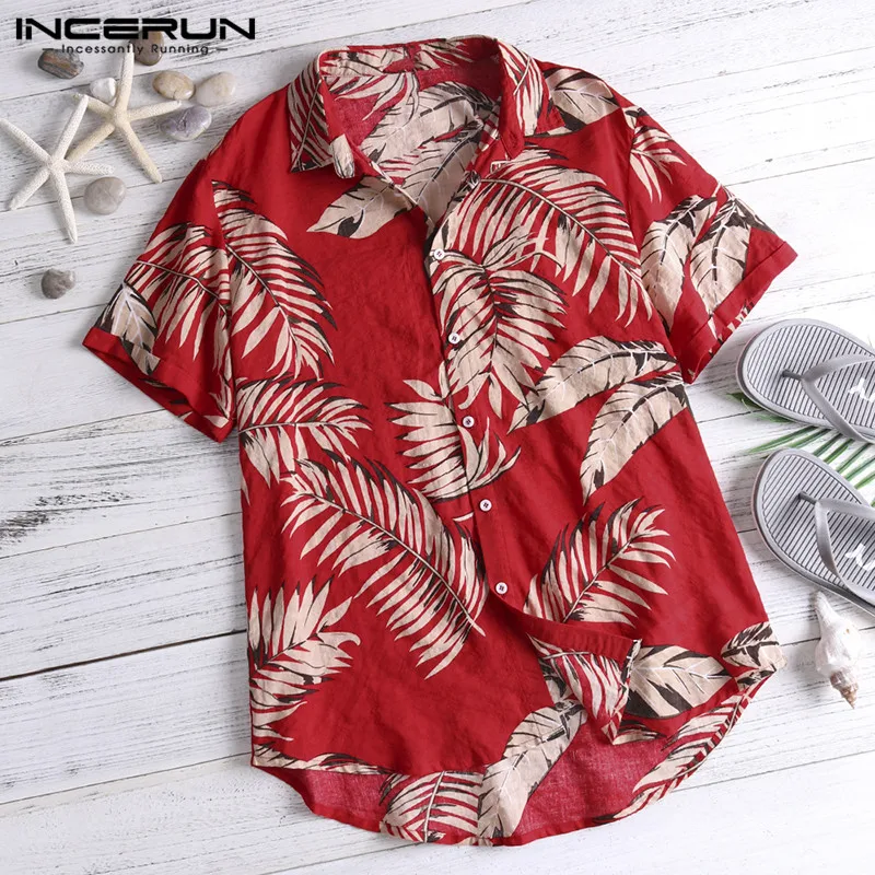 2022 Red Hawaiian Summer Shirts Men\'s Tropical Flower Shirt Casual Top Button Down Cotton Short Sleeve Loose Beach Shirt For Men