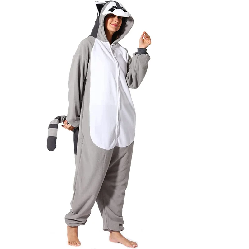 Fleece Kigurumi Raccoon Onesie For Women Pajamas Sleepwear Cosplay Costume Couple Pijamas Men Christmas Halloween Birthday Gift