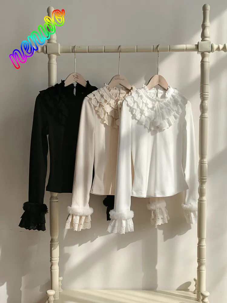 

Оригинальные вязаные топы в стиле Sweet Lolita, осенне-зимняя новая женская облегающая футболка с кружевной отделкой и длинными рукавами, одежда