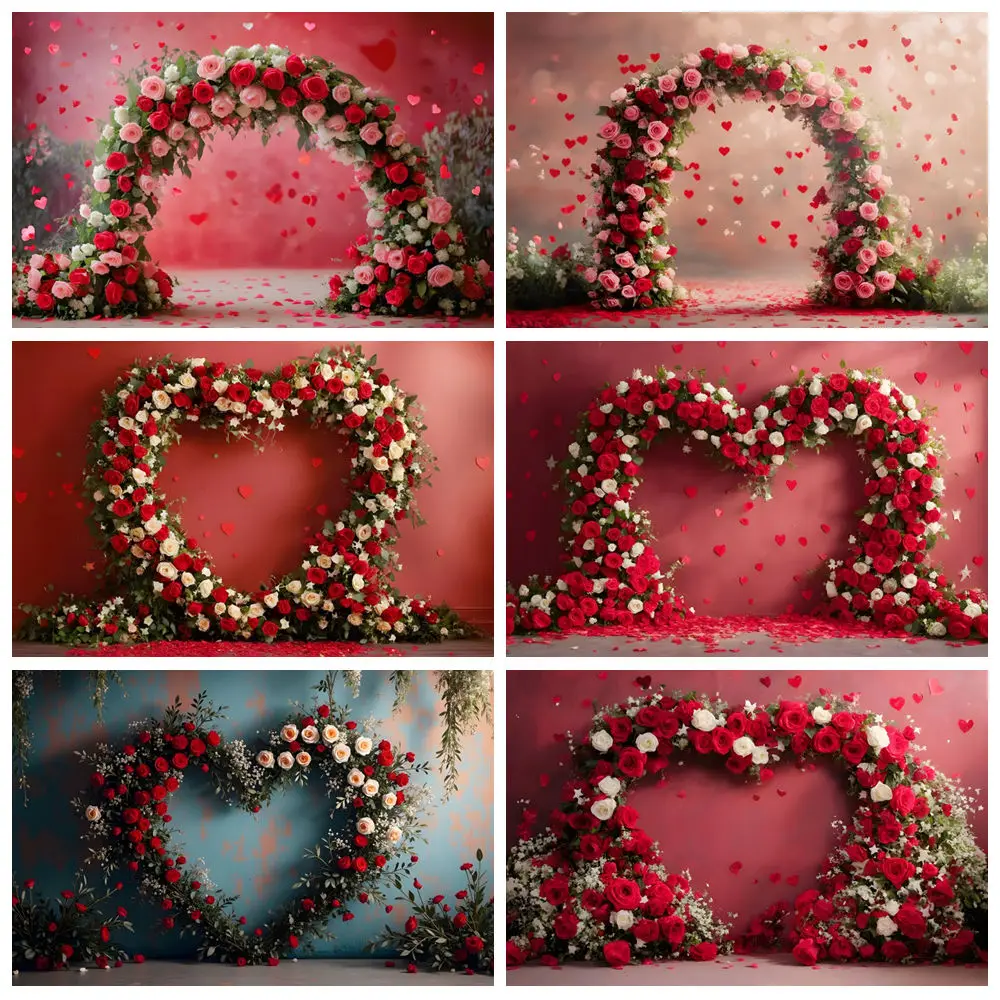 February 14 Valentine's Day Photography Backdrop Red Rose Love Heart Arch Flowers Bridal Shower Wedding Party Photo Background