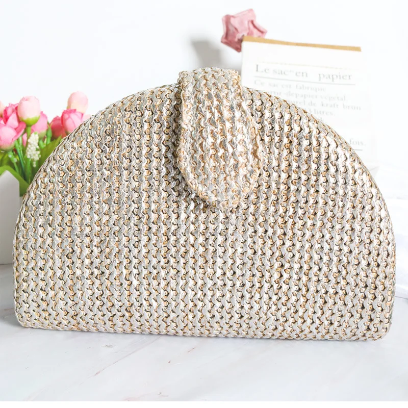 Women Rattan Bag 2024 New Half Round Straw Bags Handmade Woven Beach Cross Body Bag Bohemia Box Handbag With Chain