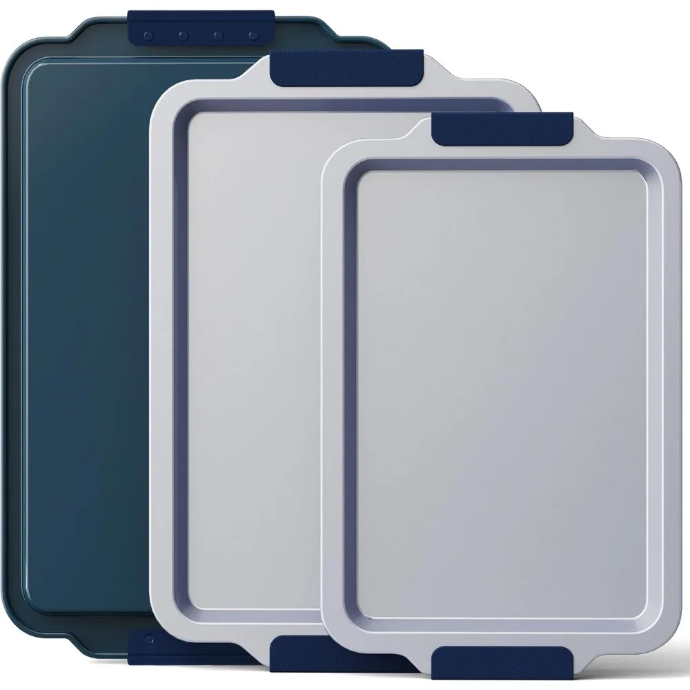 

3-Piece Ceramic Nonstick Baking Sheet Set, Heavy-Duty Aluminized Steel Oven Trays with Silicone Handles, Navy