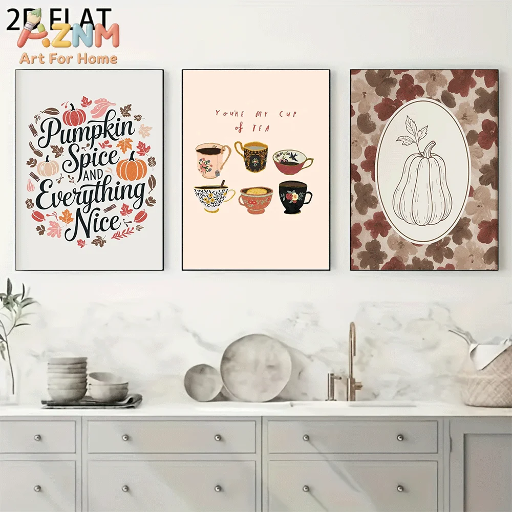 AZNM Frameless Canvas Wall Art, Autumn Pumpkin Spice Text Print, Vintage Floral Teacup Pumpkin Line Art Poster for Fall Farmhous