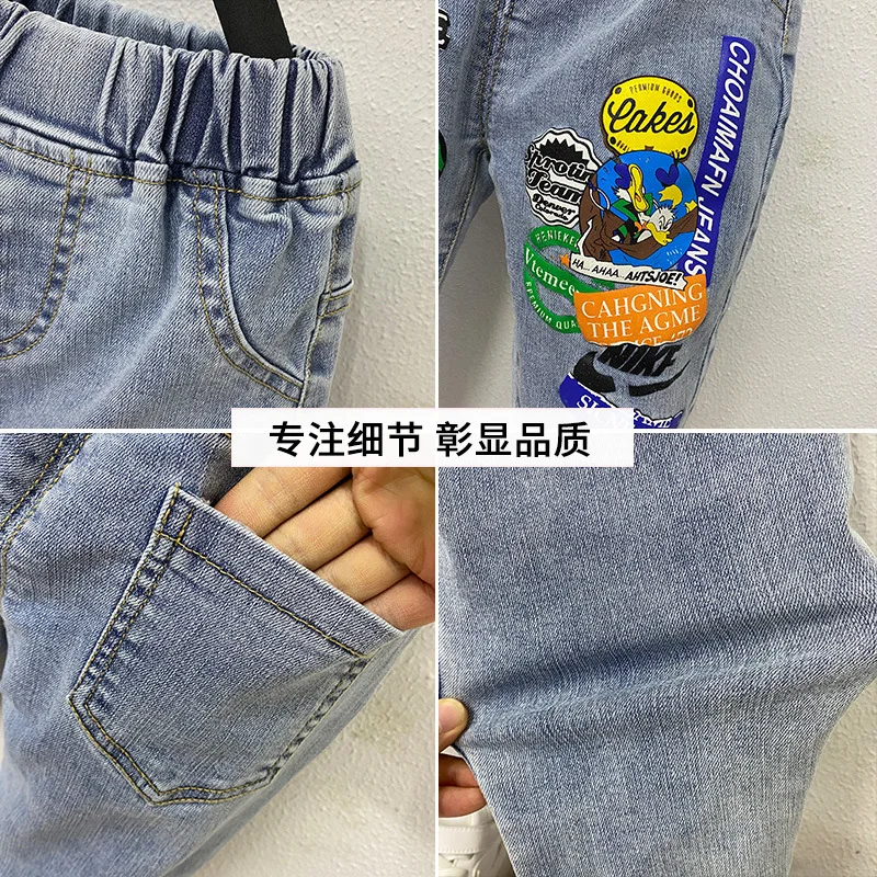 Boys\' Graffiti Stretch Jeans Spring and Autumn New Children\'s All-Match Trendy Brand Pants Boys\' Foreign Trade Crawler