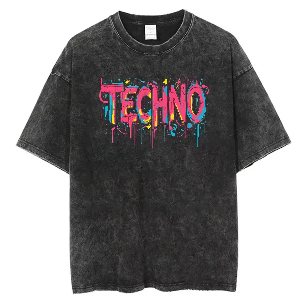 Cool Techno Letter Print T-Shirt Washed Cotton Short Sleeve Top Retro Acid Wash Printed Tee Summer Loose Fit Streetwear T-Shirt
