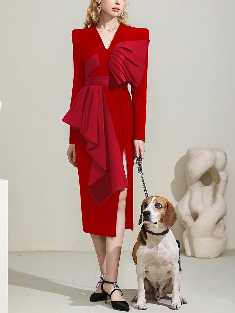 Autumn and Winter 2023 New Banquet Temperament Female V-neck Young Sexy Slit Mid-length Dress Dignified Elegant Red Women Dress