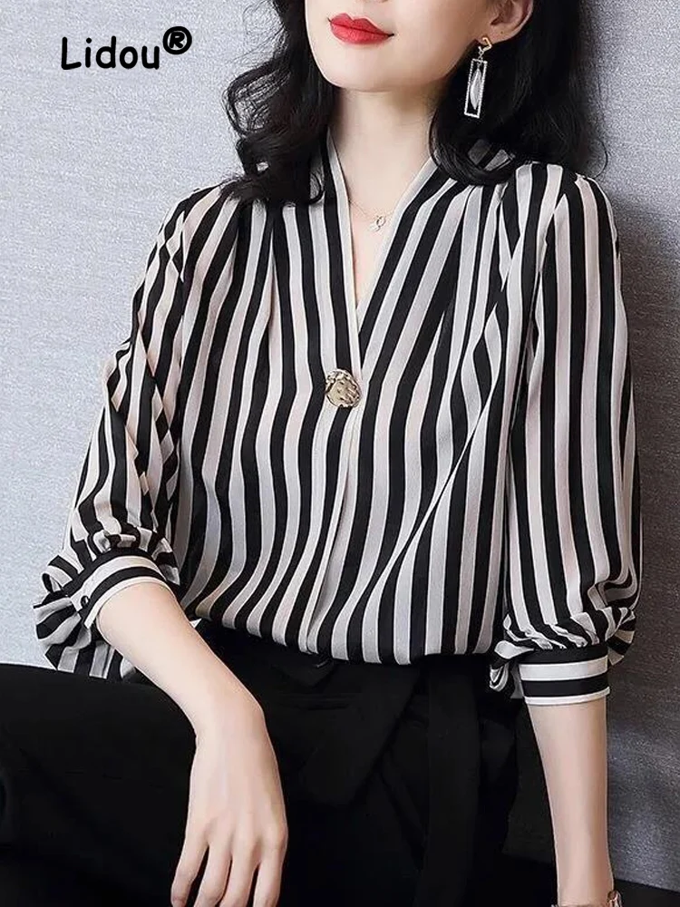 Elegance Office Striped Loose Chiffon Shirt New Long Sleeve Classic V-neck Button Decorate Fashion Temperament Lady Top 2022