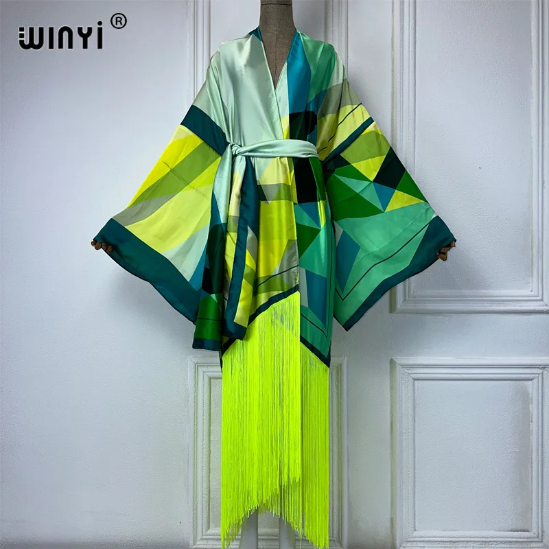 WINYI kimono boho summer dress beachwear summer bohemian print Bikini Cover-up Cardigan sexy Holiday long Sleeve tassels dress